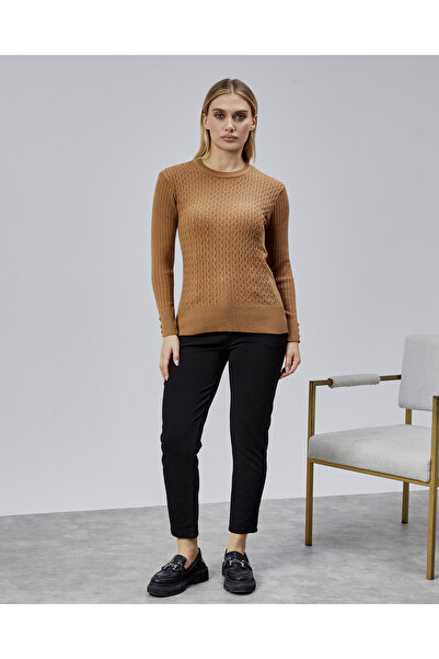 Jinx Wear Fashion Sıfır Yaka Saç Örgü Düğme Detaylı Kadın Trend Triko Kazak