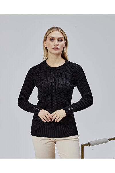 Jinx Wear Fashion Sıfır Yaka Saç Örgü Düğme Detaylı Kadın Trend Triko Kazak