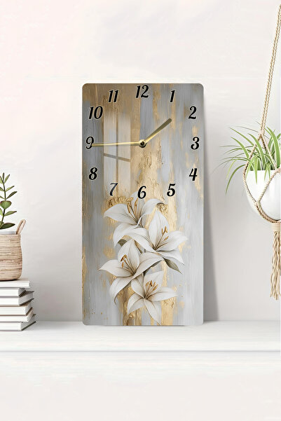 kutuTR Altın Dokulu Beyaz Zambak Desenli Temperli Cam Tablo Saat 30x60 cm | H...