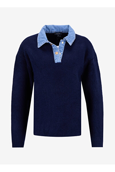 Fabrika Gömlek Yaka Relaxed Düz Lacivert Kazak Kadın F5WL-KZK0131