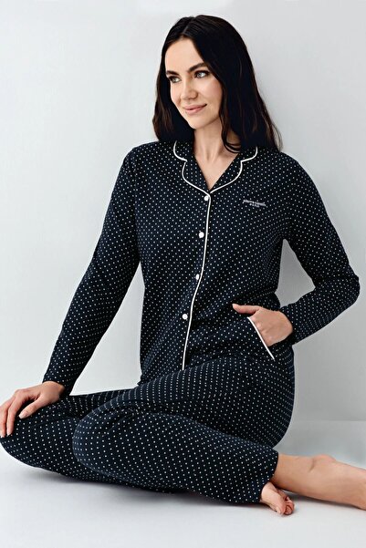 Pierre Cardin 9092 Women's Black Long Sleeve Front Button Shirt Pajama Set