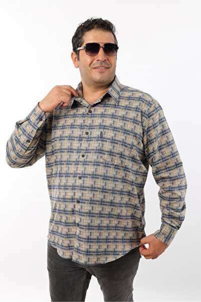 TOUSUS Plus Size Navy Blue-Beige Plaid Wool Flannel Men's Shirt (Btl-7110-Tss)