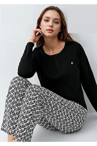 Pierre Cardin 9069 Γυναικείο Μαύρο Μακρυμάνικο Σετ Πιτζάμες με μισό πατ