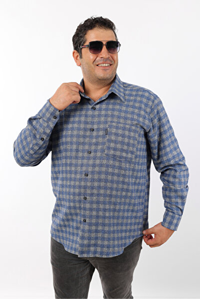 TOUSUS Plus Size Indigo-Grey Plaid Wool Flannel Men's Shirt (Btl-7105-Tss)