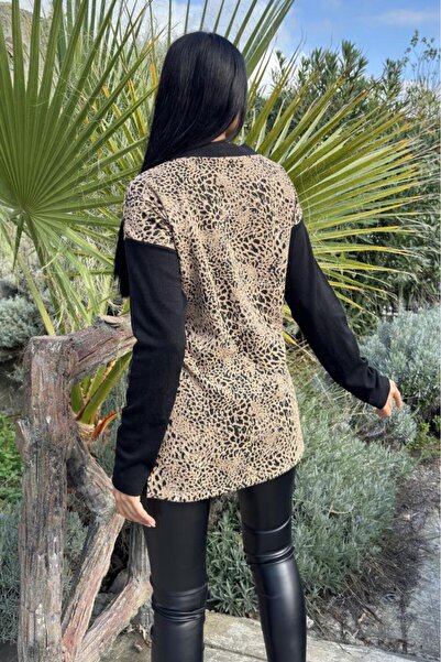 Pasaklı Giyim Women's Leopard Patterned Slit Black Cardigan 3679300
