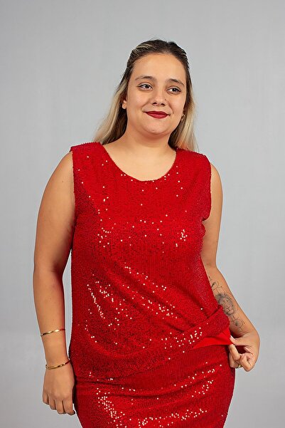 Truva XXL Plus Size Lined Sequin Red Size Sparkling and Stylish Blouse