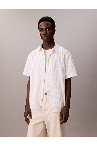 Calvin Klein Men's Regular Fit Ck Logo Embroidered Round Neck Short Sleeve White T-Shirt Lv04Lb275G-Yaf