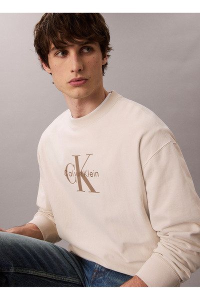 Calvin Klein Jeans Bisiklet Yaka Krem Erkek Sweatshırt LV04RD234G67U LS PREMIUM TERRY MONO