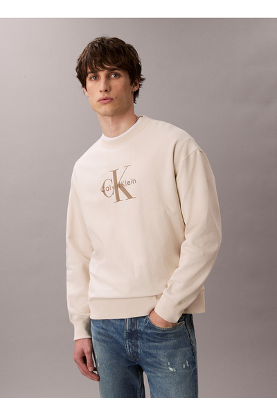 Calvin Klein Jeans Bisiklet Yaka Krem Erkek Sweatshırt LV04RD234G67U LS PREMIUM TERRY MONO