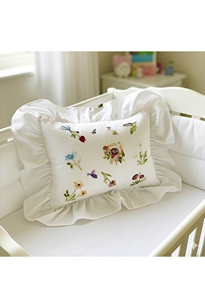Home Baby Pillow, Size 55X40, Handcrafted, with Embroidery Details, Filled with Inner Padding, with Ruffle Details, Linen Pillow.
