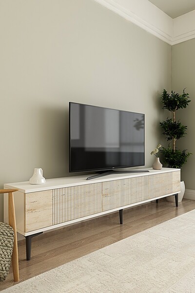 CENEYRA TSA1803BT - CORSA180 TV STAND, TV SEHPASI BEYAZ-TRAVERTEN KAPAKLI 180CM
