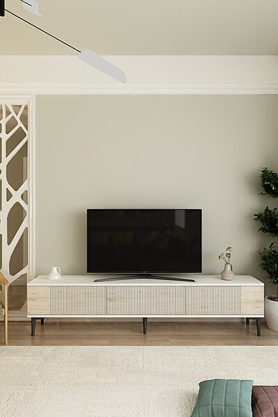 CENEYRA TSA1803BT - CORSA180 TV STAND, TV SEHPASI BEYAZ-TRAVERTEN KAPAKLI 180CM