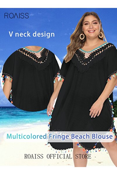 ROAISS Women Lace-up Beach Blouse with Fringe Trim Cover Up Beachwear Embroidery Mesh Dress Casual Bathing