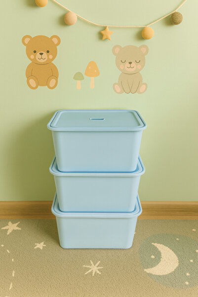 decosense 3 Adet Mavi Kapaklı Derin Oyuncak ve Eşya Saklama Kutusu Polipropil...