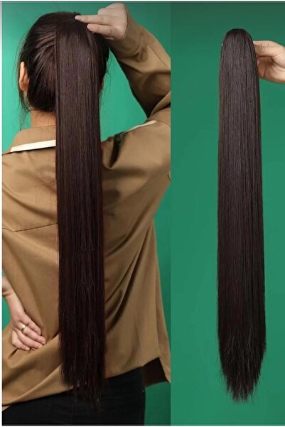 AKOLİFE Koyu Kahve Düz Mandal Tokalı At Kuyruğu Saç Postiş Isıya Dayanıklı Ta...