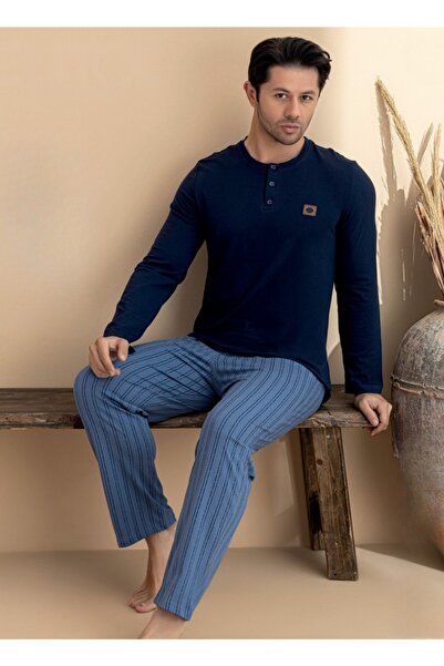 ELİTOL Men's Half-Open Buttoned 95% Cotton Lycra Striped Pajama Set