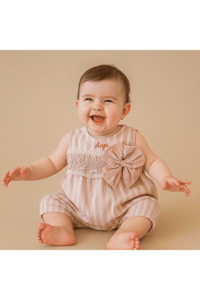 Tesbihane İsme Özel Nakışlı Pudra Krem Nostalji Bebek Elbise 0-3 Ay