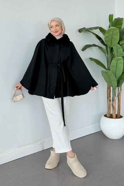 Şulemoda Giyim Fur Collar Poncho Black