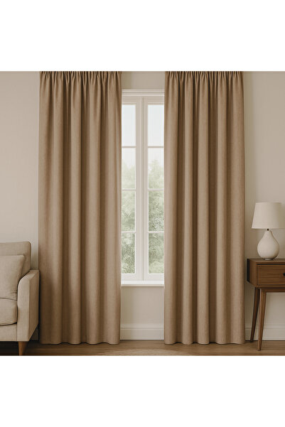 TÜLHOME Twit Keten Fon Perde Bej V.102 PİLESİZ TEK KANAT ( Büzgü Ekstraforlu )