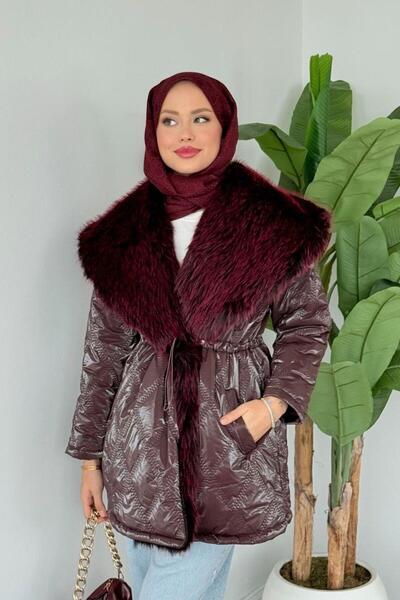 Şulemoda Giyim Pay Fur Inflatable Coat Burgundy