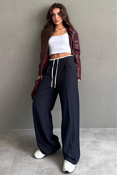 Madmext Lacivert Çift Bel Bantlı Wide Leg Kadın Pantolon MG2551