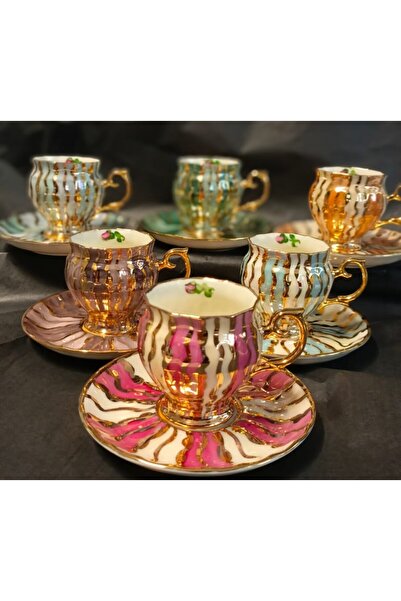 BY.RAYKA PORSELEN El Dekor Pervi̇z Porcelain Hand Painted 6 Piece Coffee Cup Set