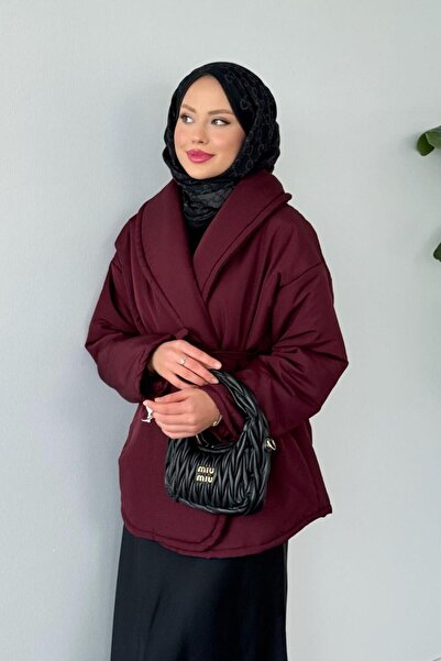 Şulemoda Giyim معطف منفوخ بحزام مسطح باللون العنابي