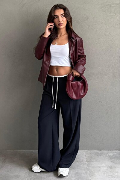 Madmext Lacivert Çift Bel Bantlı Wide Leg Kadın Pantolon MG2551