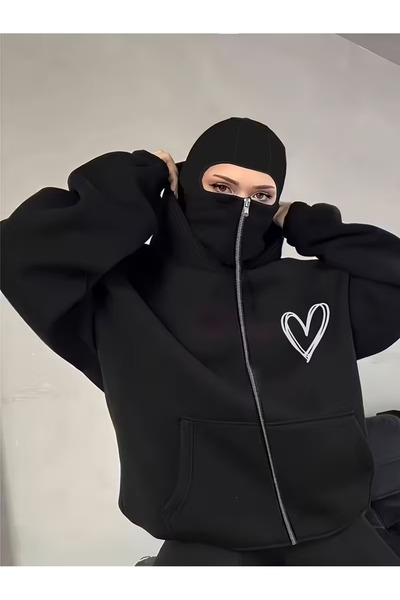LAND MODA Kar Maskeli Ninja Unisex Sweatshirt Hırka 2iplik kalın polar