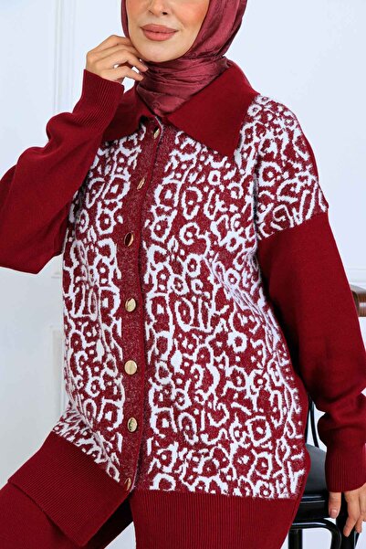 benguen Patterned Button Detailed Knitwear Set S1124 Claret Red