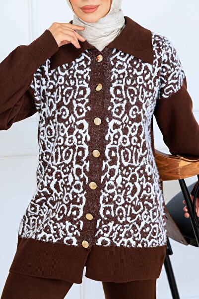 benguen Patterned Button Detailed Knitwear Set S1124 Brown
