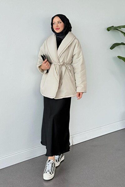 Şulemoda Giyim Μπουφάν με ίσια ζώνη φουσκωτό μπεζ