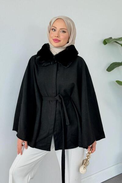 Şulemoda Giyim Fur Collar Poncho Black