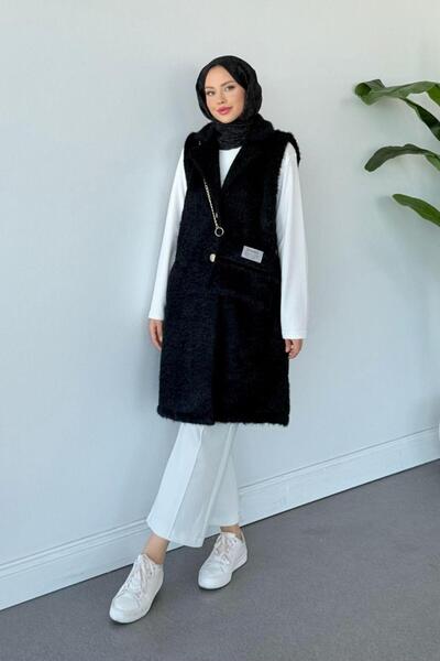 Şulemoda Giyim Fur Vest with Bag Black