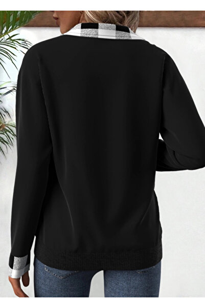 ARONA Women's Long Sleeve Neckline Front Zip Plaid Detail Viscose Two Thread Blouse