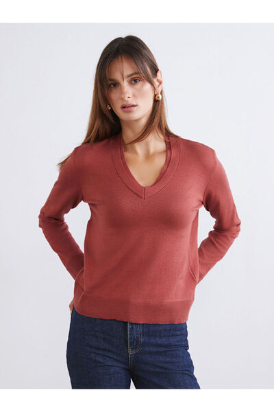 LC Waikiki Soulife brown v-neck women's knit sweater