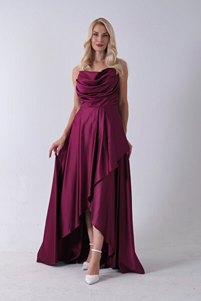 Feminist Yırtmaç Detaylı Saten Abiye Elbise Mürdüm 4522348