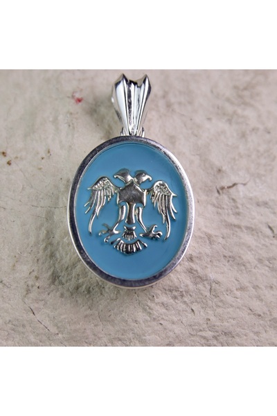 GIBYJEWEL Açık Mavi Mineli Çift Başlı Kartal Selçuklu 925 Ayar Gümüş Madalyon...