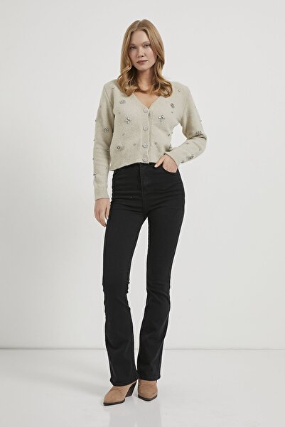 Arma Life Women's Stone Patterned Textured Cream Short Knit Cardigan