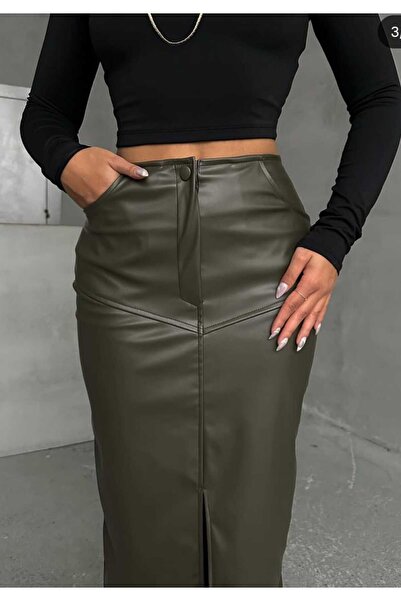 adel deniz collection تنورة نسائية بتفاصيل جيب ممزقة باللون الأخضر الداكن