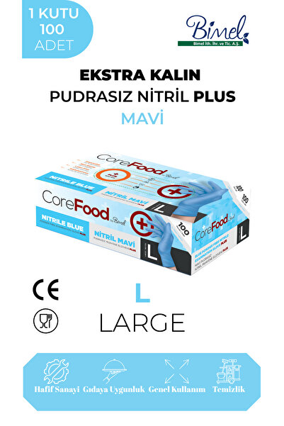 COREFOOD Ekstra Kalın Nitril Mavi Plus Muayene Eldiveni L - 1 Paket 100'lü