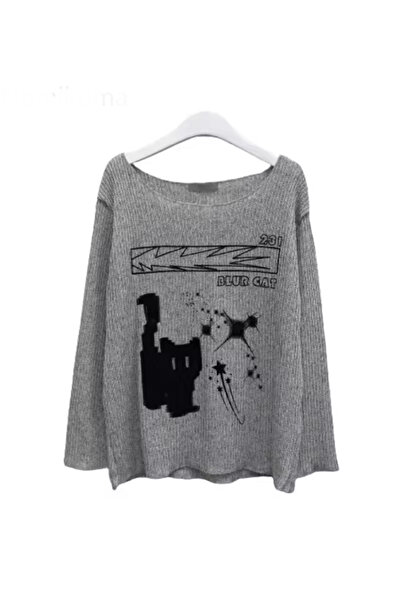 Köstebek Black Cat Patterned Off-Shoulder Gray Sweatshirt