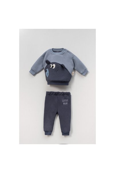 damdamin 100% Cotton Baby Boy's Set with'Little Bear' Print and Embroidery, 3-Thread Raised Stitch Bottom & Top Set