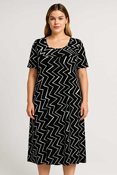 Şans Women's Plus Size Beige-Black, Crew Neck Viscose Dress 65N39156