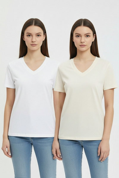 TWINTICKS Women's V-Neck Short Sleeve Casual Wear Cotton Two-Piece T-Shirt Se...
