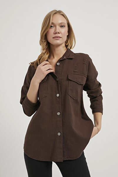 Arma Life Дамска кафява риза с двойни джобове, изрязана с лазер