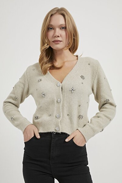 Arma Life Women's Stone Patterned Textured Cream Short Knit Cardigan