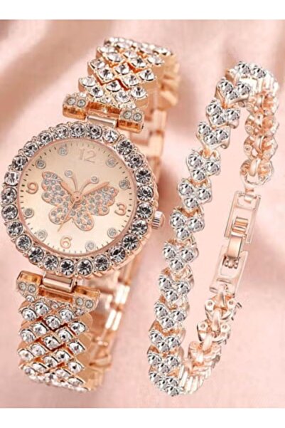 chioce طقم مكون من سوار و ساعة نسائية مزينة بأحجار الراين بتصميم الفراشة وتتم...
