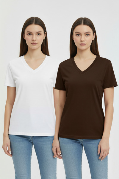 TWINTICKS Women's V-Neck Short Sleeve Casual Wear Cotton Two-Piece T-Shirt Se...