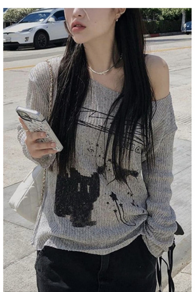 Köstebek Black Cat Gray Melange Off-Shoulder Blouse